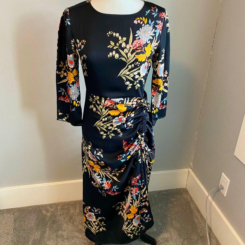 Black floral cinched front dress